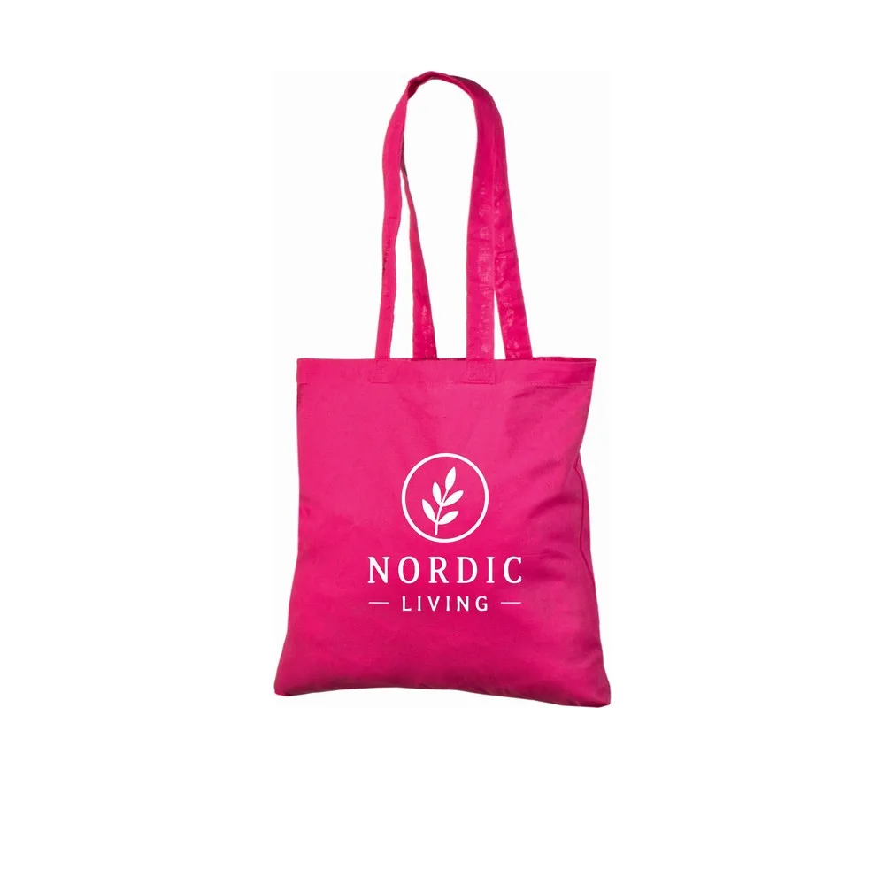Example of one-colour logo printing on the magenta 140 g/m² cotton tote bag, showing the sample design on the bag.