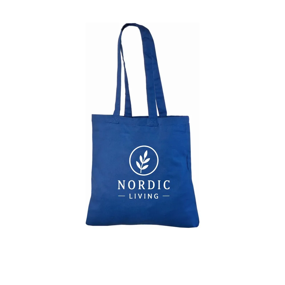Example of one-colour logo printing on the royal blue 140 g/m² cotton tote bag, showing the sample design on the bag.