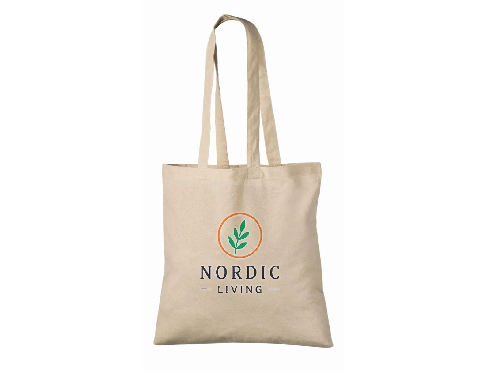 Natural 140 g/m² cotton tote bag with long handles, shown with a three-colour Nordic Living logo in green, orange and black.