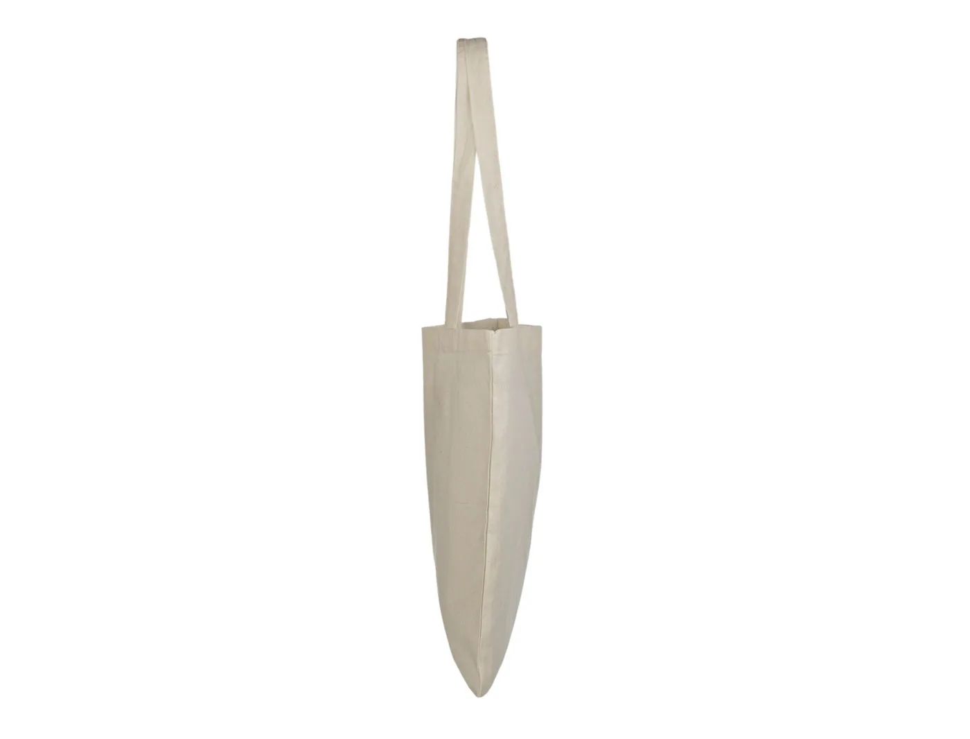 Side view of the natural 140 g/m² cotton tote bag, showing its flat shape, side seam and long handles for carrying over the shoulder.