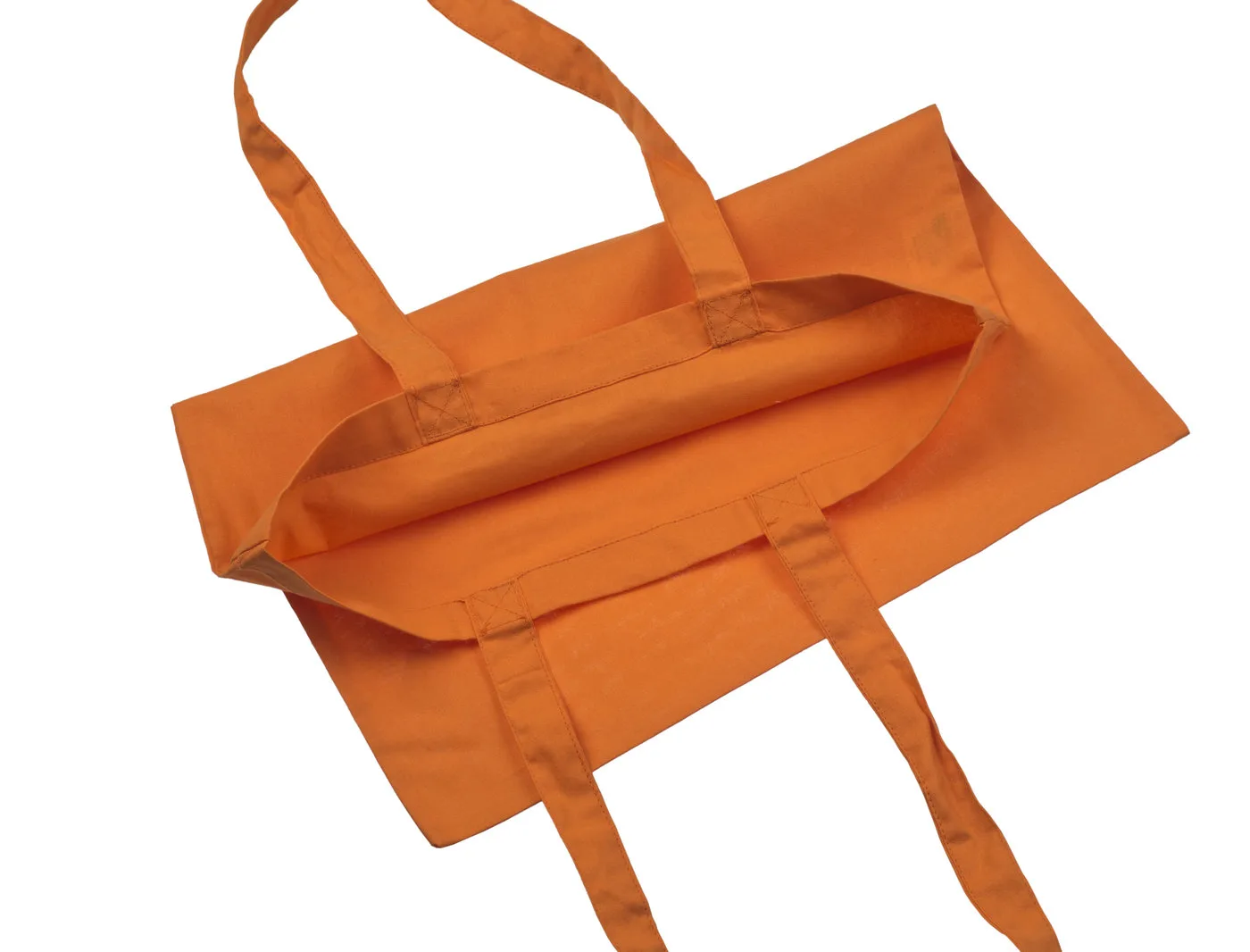 Open inside view of the orange 140 g/m² cotton tote bag, showing the inner fabric, upper hem and seams around the bag opening.