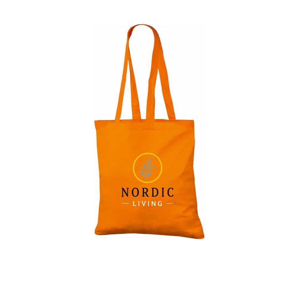 Example of four-colour logo printing on the orange 140 g/m² cotton tote bag, showing the sample design on the bag.