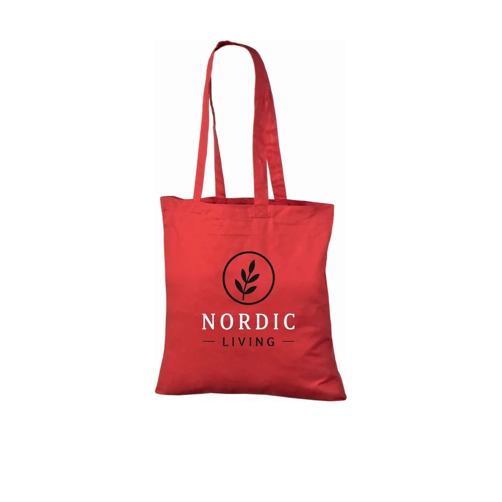 Example of two-colour logo printing on the red 140 g/m² cotton tote bag, showing the sample design on the bag.
