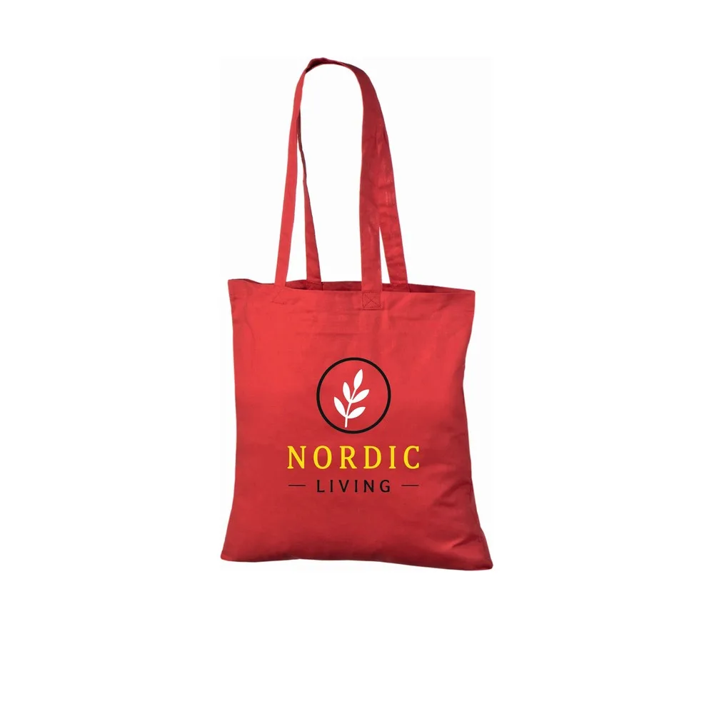 Example of three-colour logo printing on the red 140 g/m² cotton tote bag, showing the sample design on the bag.