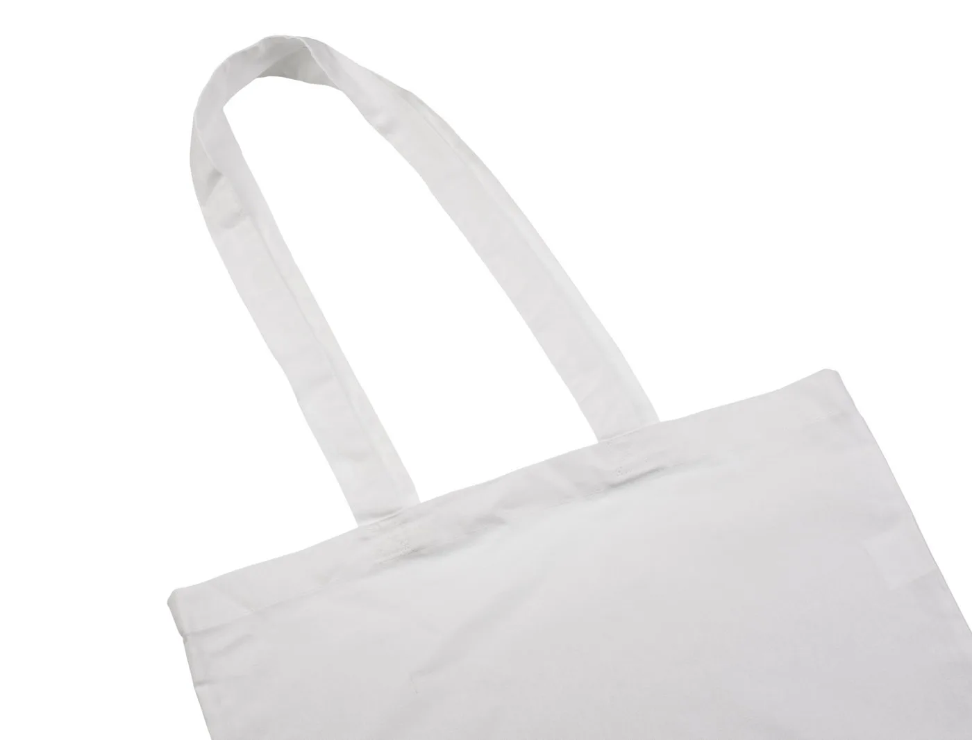 Close-up of the handles on the white 140 g/m² cotton tote bag, showing the fabric straps, stitching and attachment to the bag.