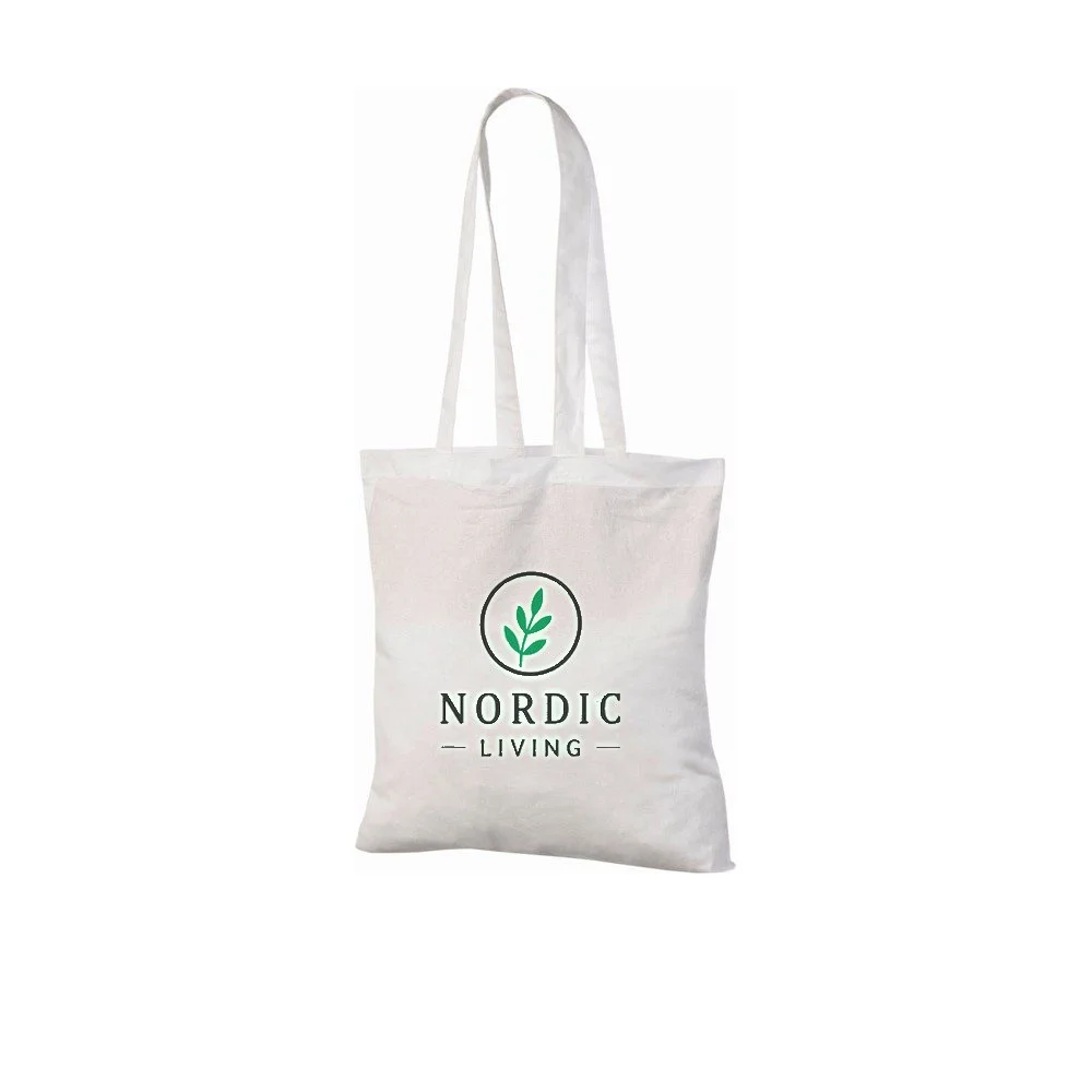 Example of two-colour logo printing on the white 140 g/m² cotton tote bag, showing the sample design on the bag.