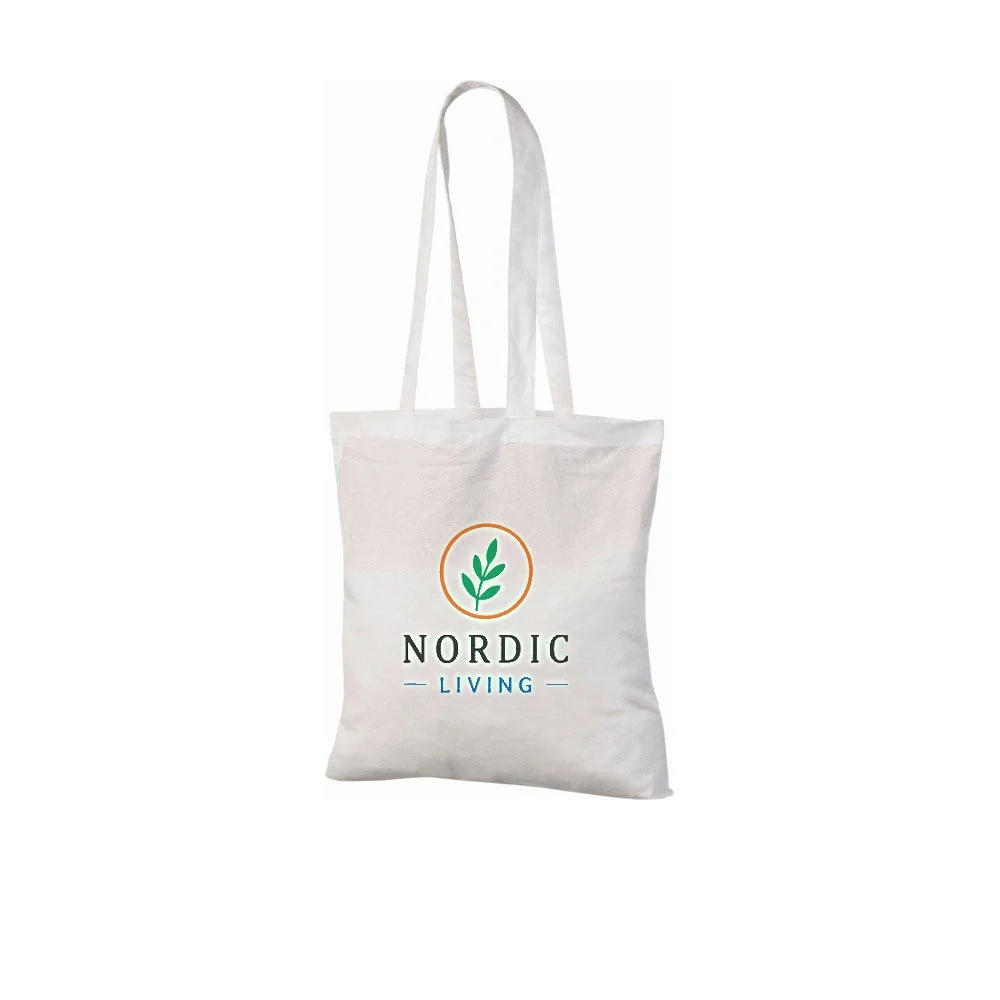 Example of four-colour logo printing on the white 140 g/m² cotton tote bag, showing the sample design on the bag.