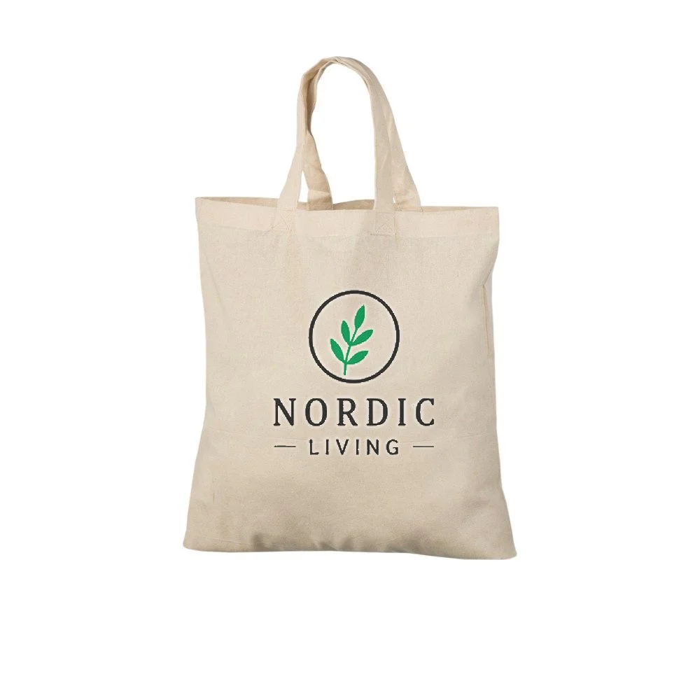 Example of two-colour logo printing on the natural 140 g/m² cotton tote bag, showing the sample design on the bag.