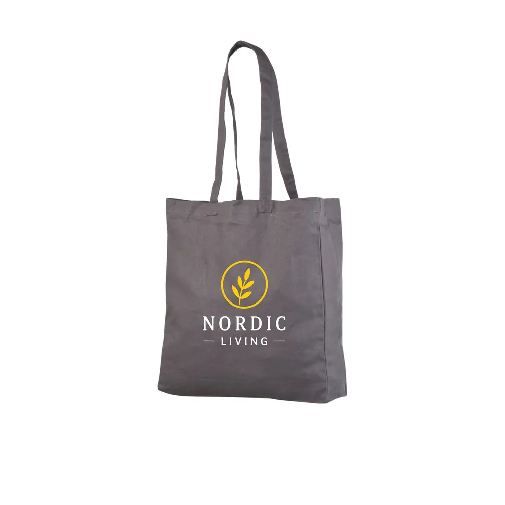 Example of two-colour logo printing on the gray 220 g/m² cotton tote bag, showing the sample design on the bag.