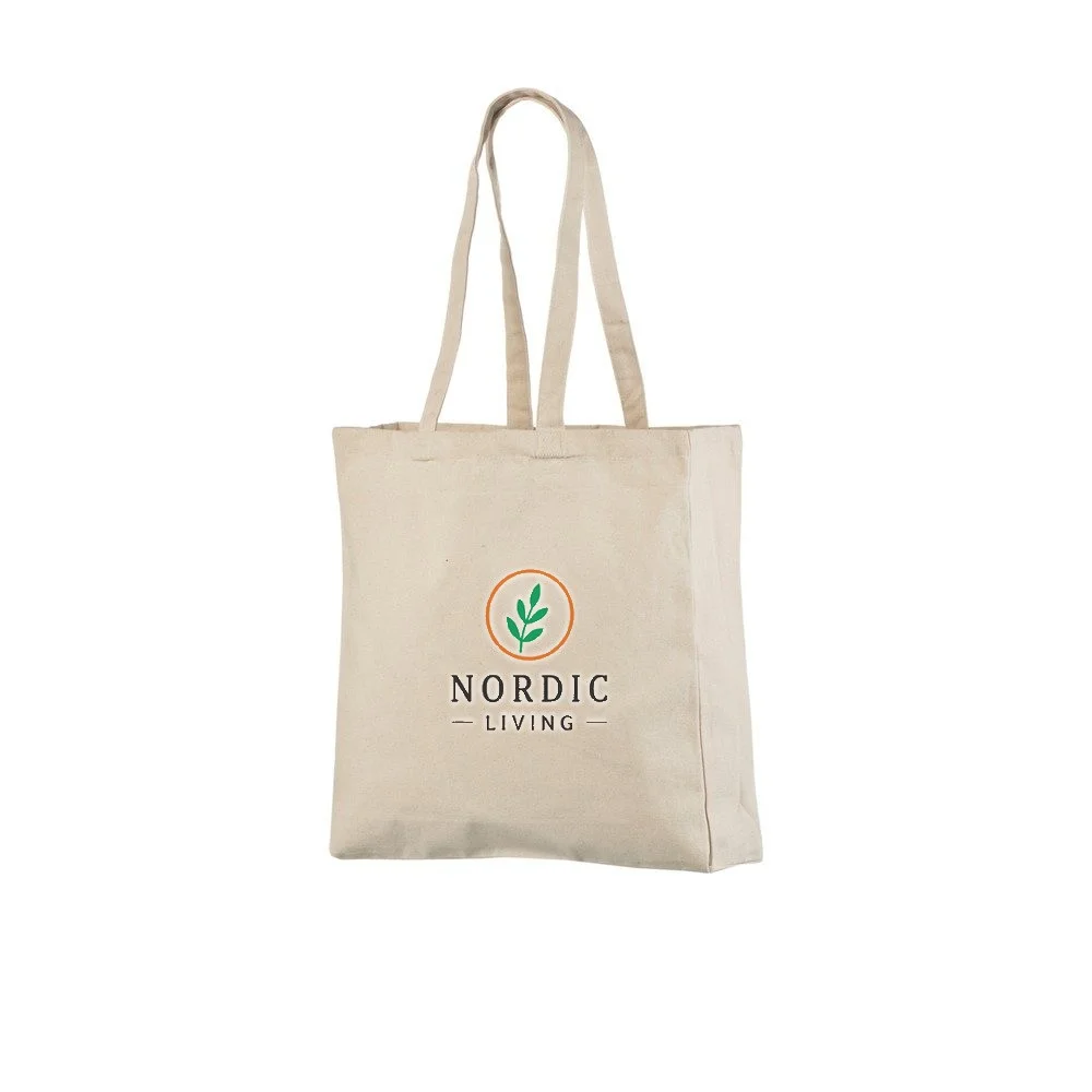 Example of three-colour logo printing on the natural 220 g/m² cotton tote bag, showing the sample design on the bag.