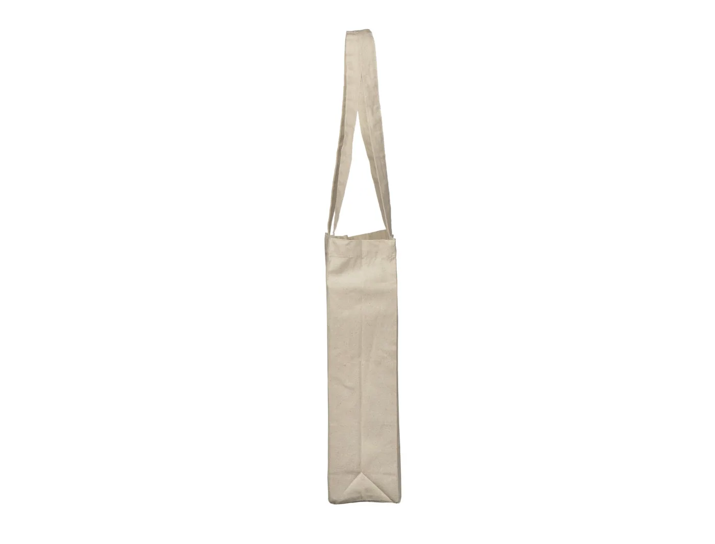 Side view of the natural 220 g/m² cotton tote bag, showing the side and expanded gusset and the construction of the bag.