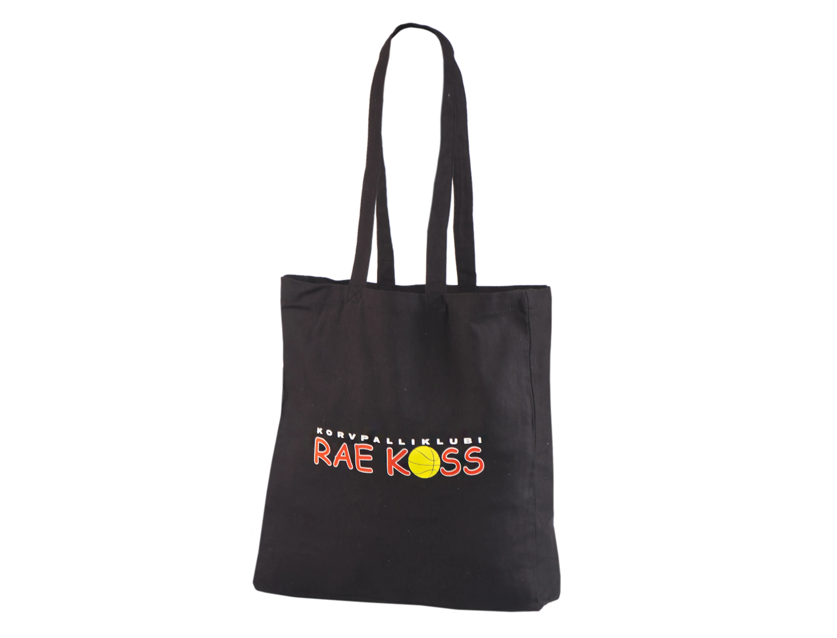 Historical black gusseted cotton bag with long handles and a red, yellow and white Rae Koss logo.