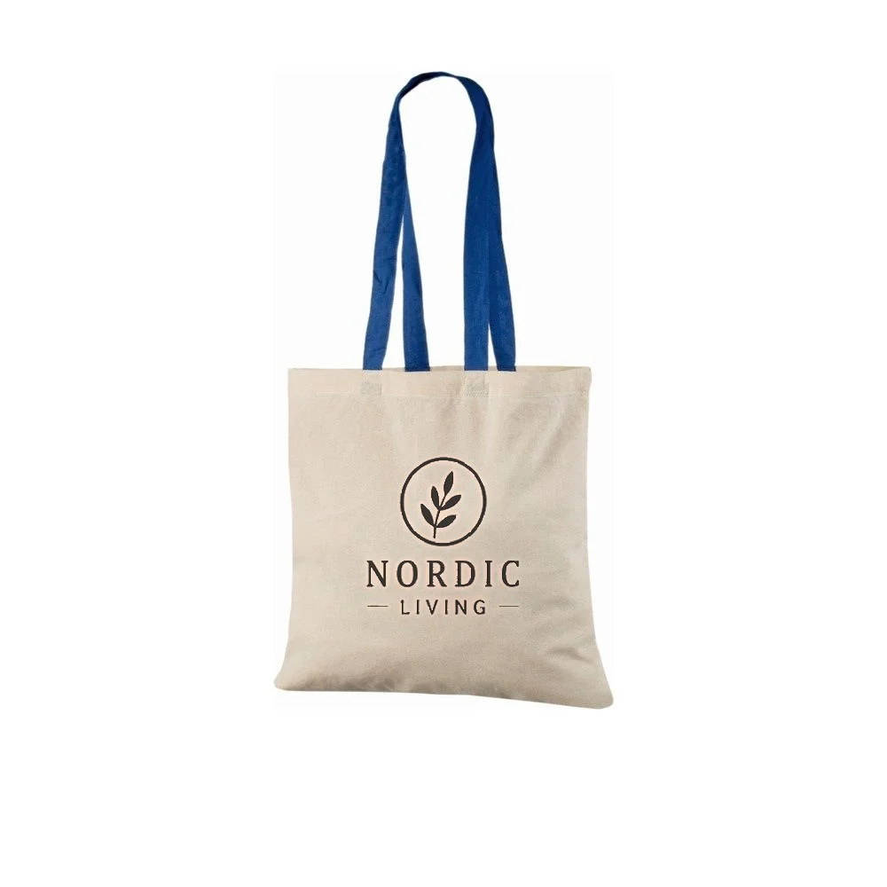 Ejemplo de impresión de logo a un color en la bolsa tote de algodón natural de 140 g/m² con asas en azul royal, que muestra el diseño de muestra en la bolsa.