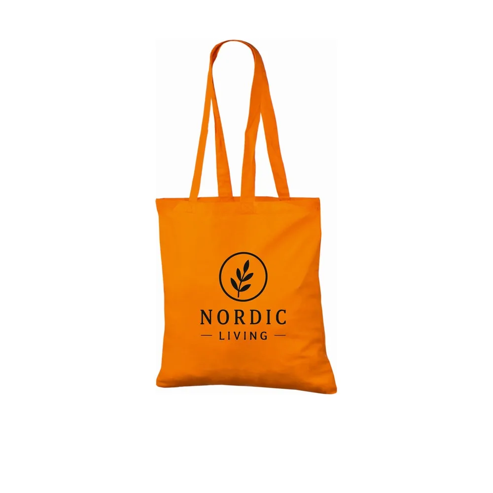 Ejemplo de impresión de logo a un color en la bolsa tote de algodón naranja de 140 g/m², que muestra el diseño de muestra en la bolsa.