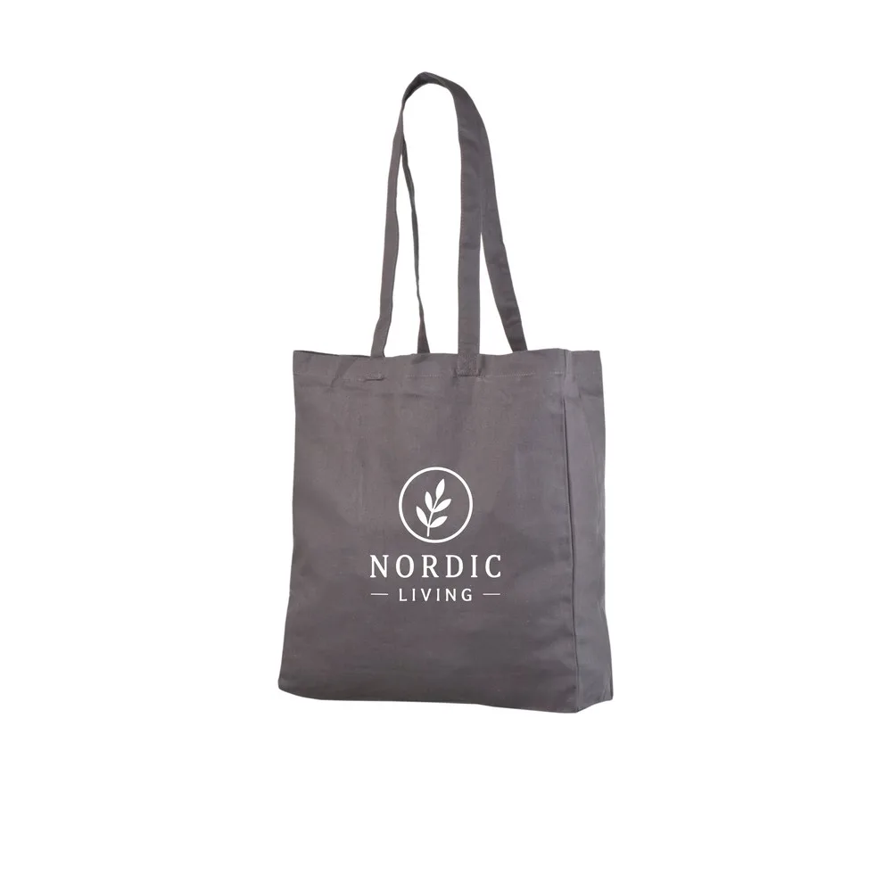 Ejemplo de impresión de logo a un color en la bolsa tote de algodón gris de 220 g/m², que muestra el diseño de muestra en la bolsa.