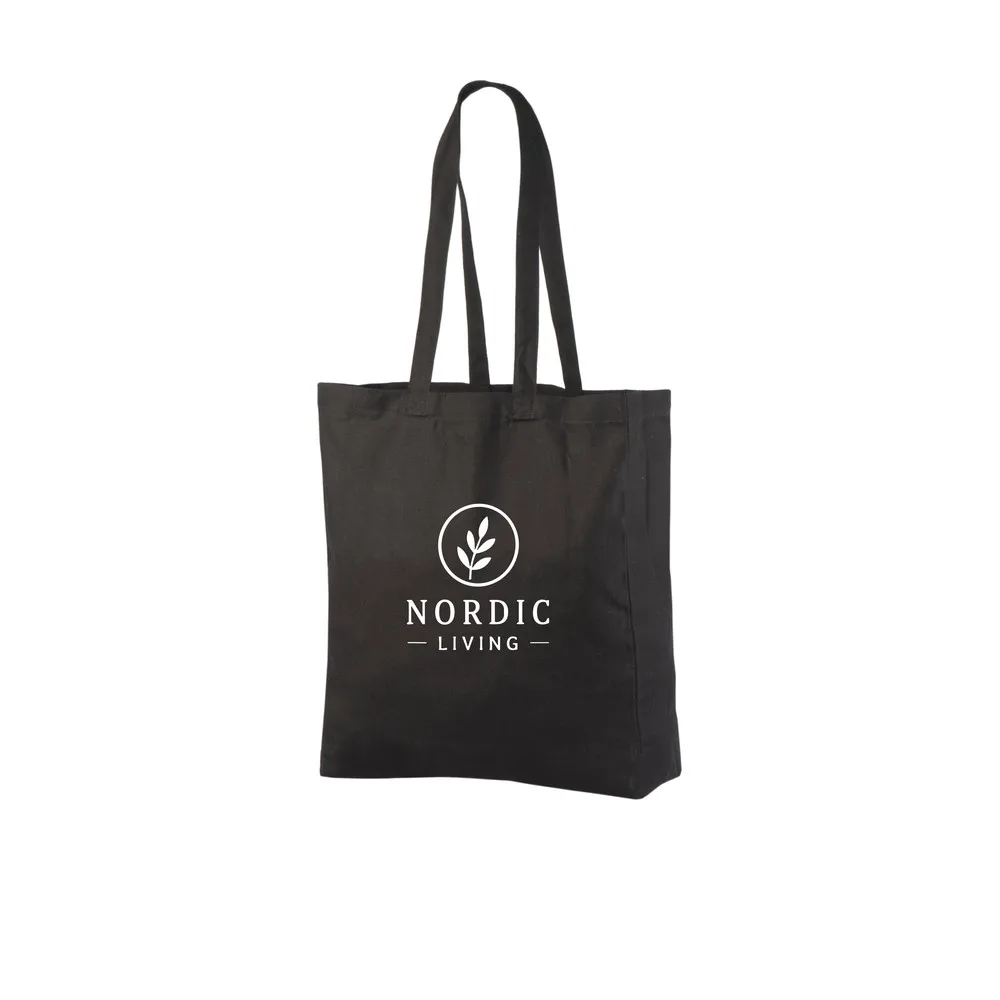 Ejemplo de impresión de logo a un color en la bolsa tote de algodón negra de 220 g/m², que muestra el diseño de muestra en la bolsa.