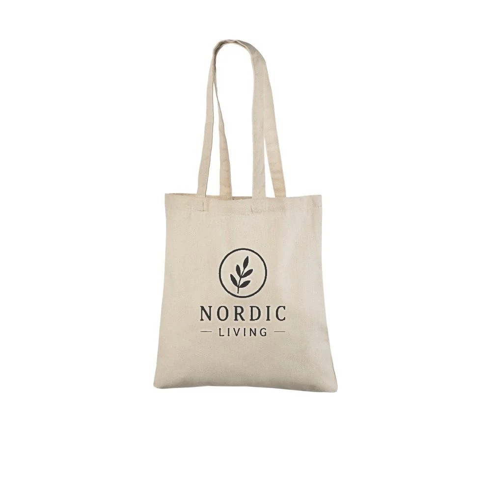 Ejemplo de impresión de logo a un color en la bolsa tote de algodón natural de 220 g/m², que muestra el diseño de muestra en la bolsa.