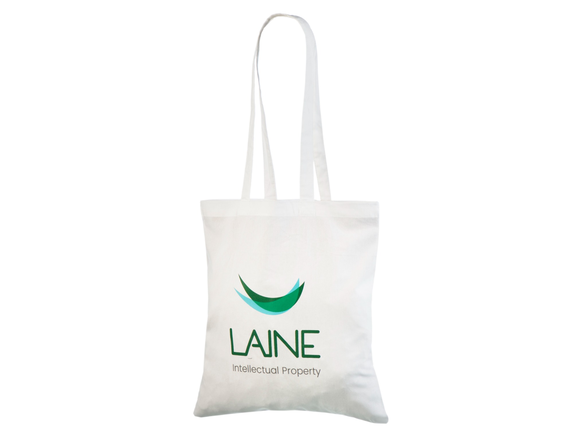 Bolsa tote de algodón blanca con asas largas, un logo curvo en verde y turquesa, las letras LAINE en verde y el texto Intellectual Property en gris.