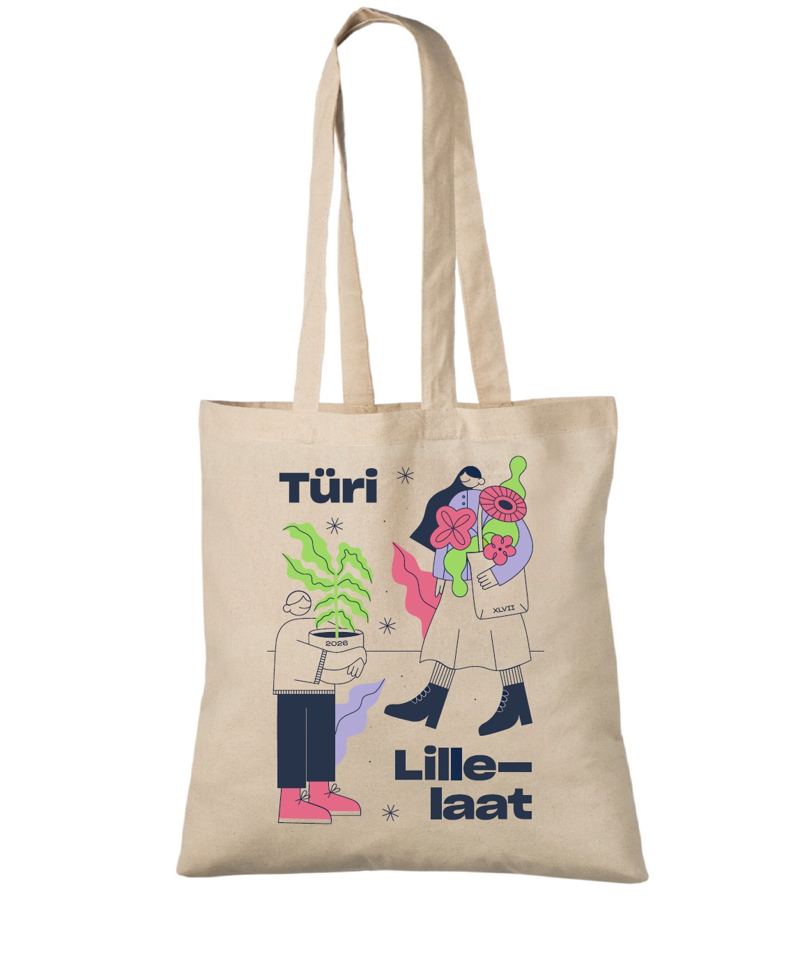 Event gift tote bags with a full-colour Türi Flower Fair design on natural cotton