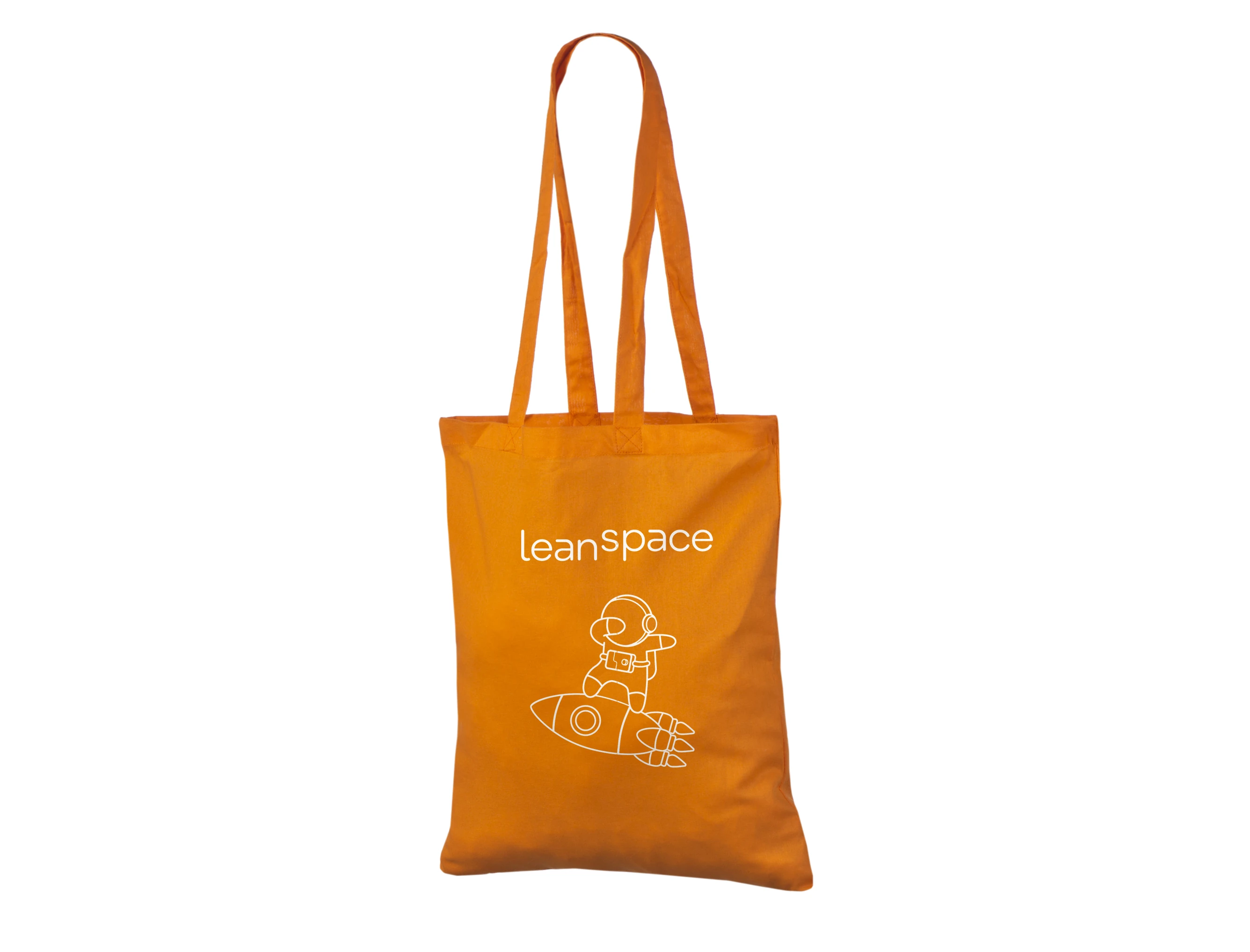 Sac en coton orange avec un logo LeanSpace blanc et une illustration d'astronaute.