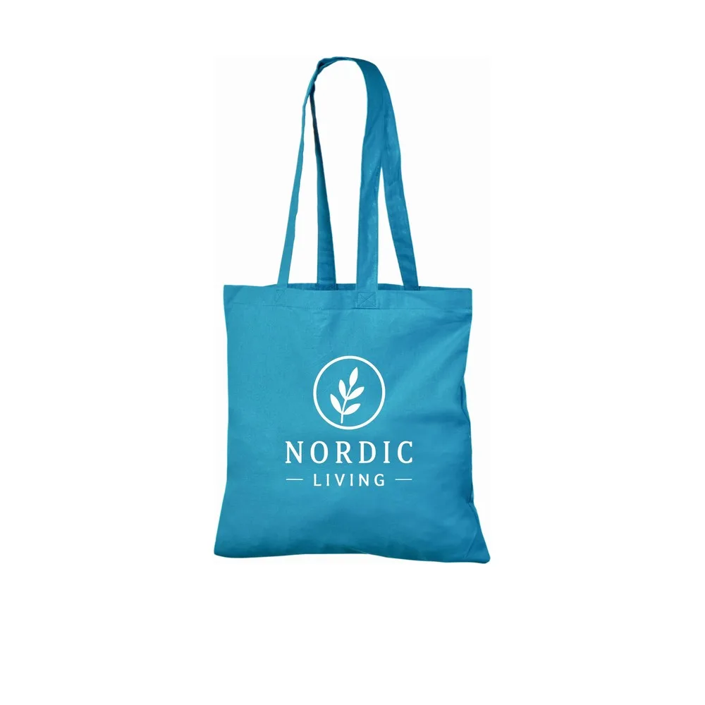 Exemple d’impression de logo en une couleur sur le tote bag en coton 140 g/m² bleu clair, montrant le visuel d’exemple sur le sac.