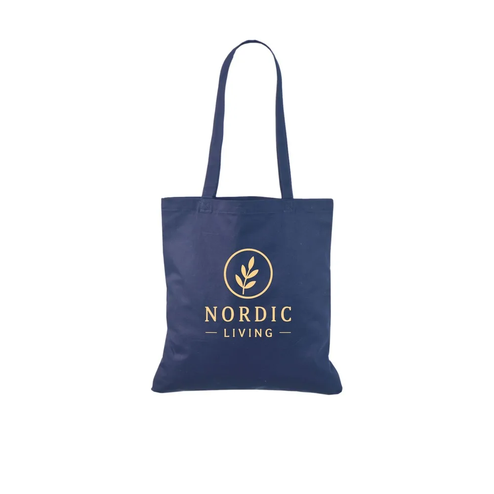 Exemple d'impression de logo en une couleur sur le tote bag en coton 140 g/m² bleu marine, montrant le design d'exemple sur le sac.