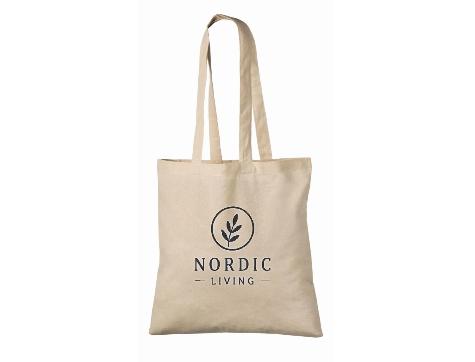 Tote bag en coton 140 g/m² naturel à anses longues, vu de face avec un exemple d'impression de logo Nordic Living en une couleur.
