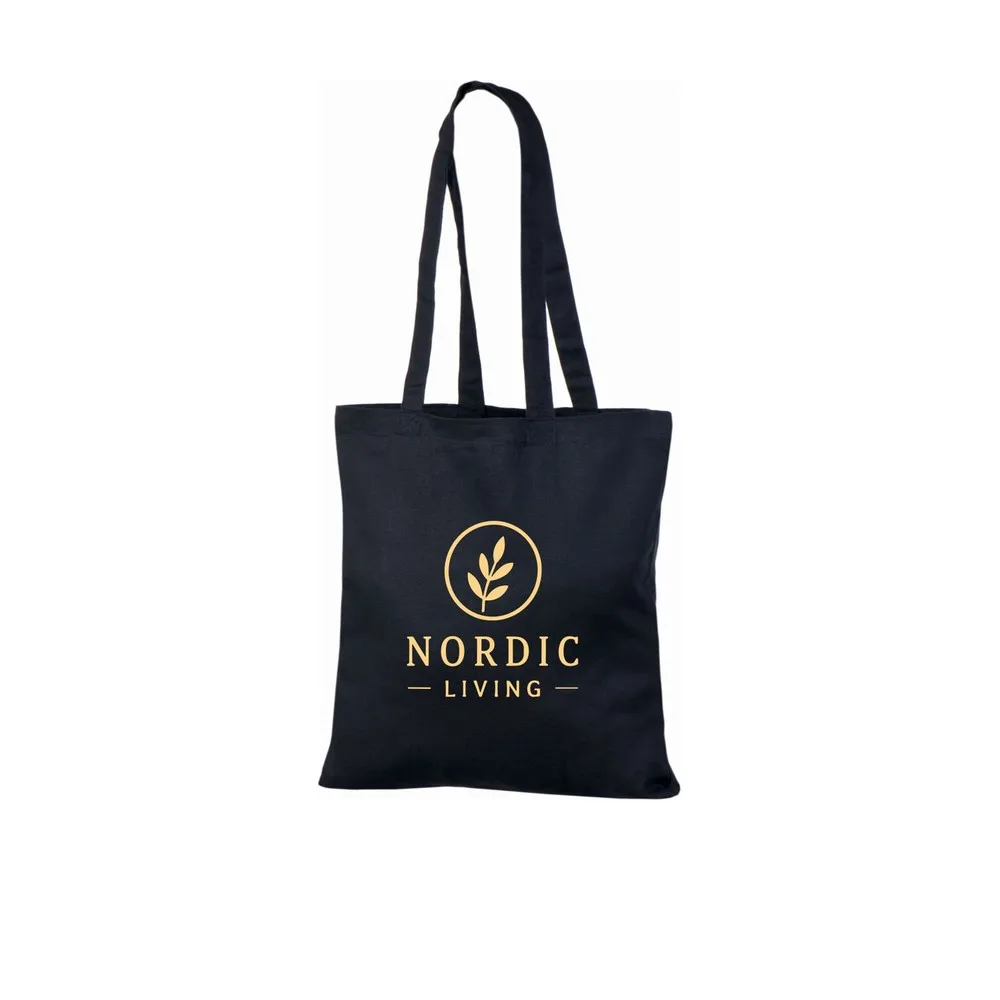 Exemple d’impression de logo en une couleur sur le tote bag en coton 140 g/m² noir, montrant le visuel d’exemple sur le sac.