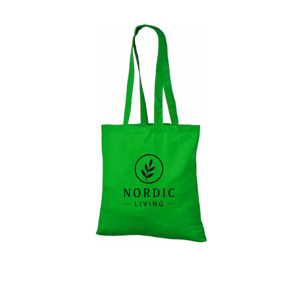 Exemple d'impression de logo en une couleur sur le tote bag en coton 140 g/m² vert clair, montrant le design d'exemple sur le sac.