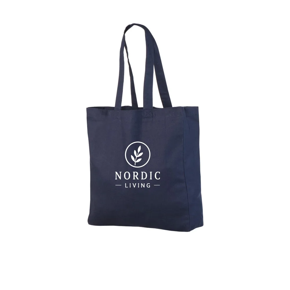 Exemple d'impression de logo en une couleur sur le tote bag en coton bleu marine 220 g/m², montrant le design d'exemple sur le sac.