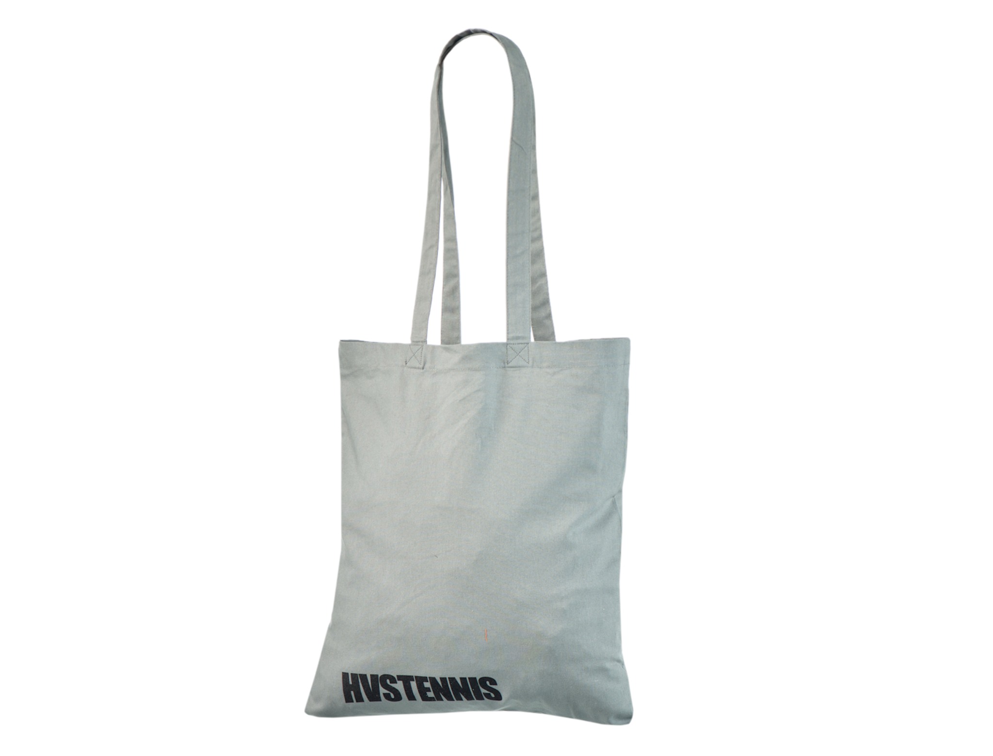 Tote bags pour les clubs : sac en coton gris à anses longues avec le lettrage HVSTENNIS en noir près du bas.