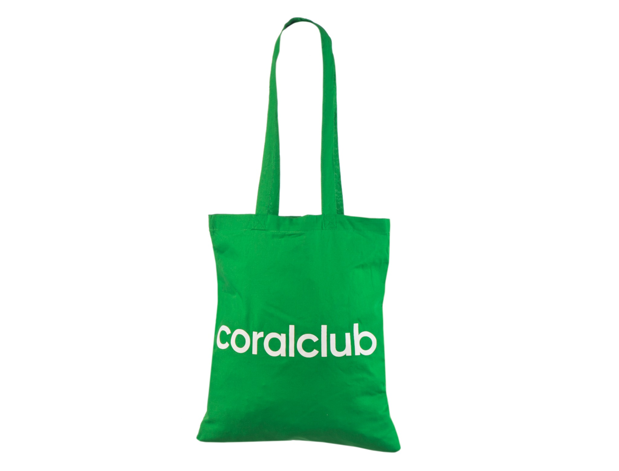 Tote bags verts avec logo imprimé en blanc pour Coralclub sur coton vert clair