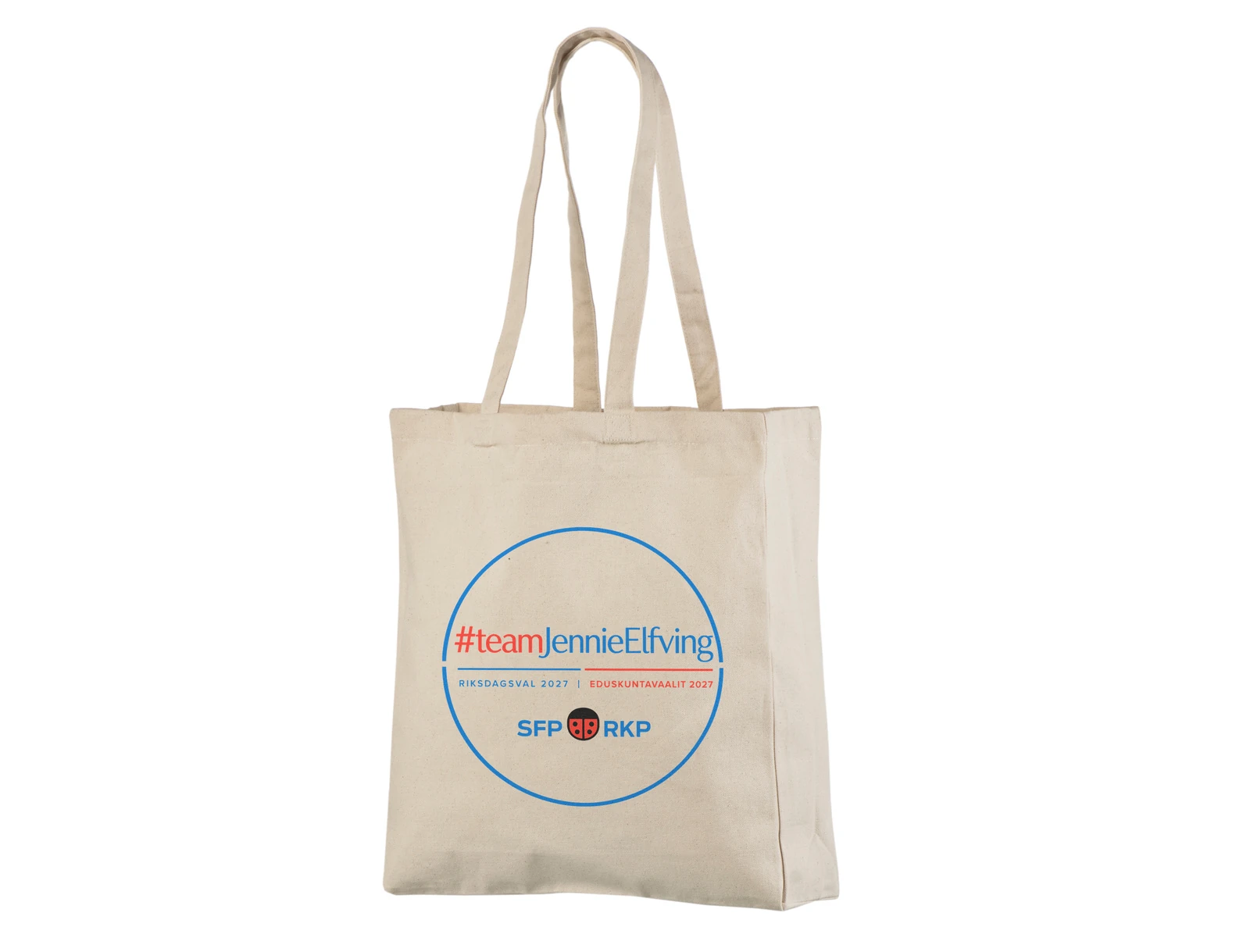Natural gusseted cotton tote with blue, red and black Team Jennie Elfving artwork; reconstructed work visual