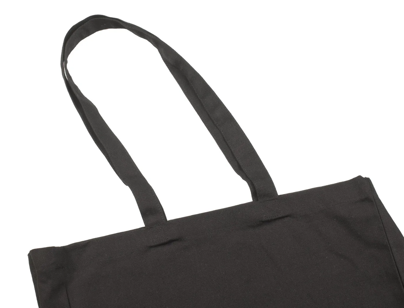Close-up of the handles on the black 320 g/m² cotton tote bag, showing the fabric straps, stitching and attachment to the bag.