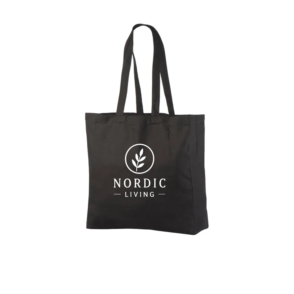 Example of one-colour logo printing on the black 320 g/m² cotton tote bag, showing the sample design on the bag.