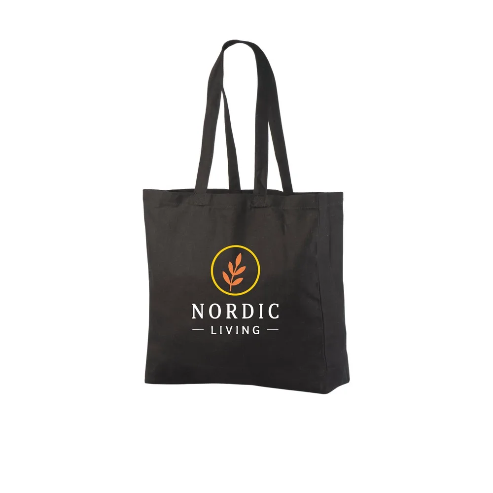 Example of three-colour logo printing on the black 320 g/m² cotton tote bag, showing the sample design on the bag.