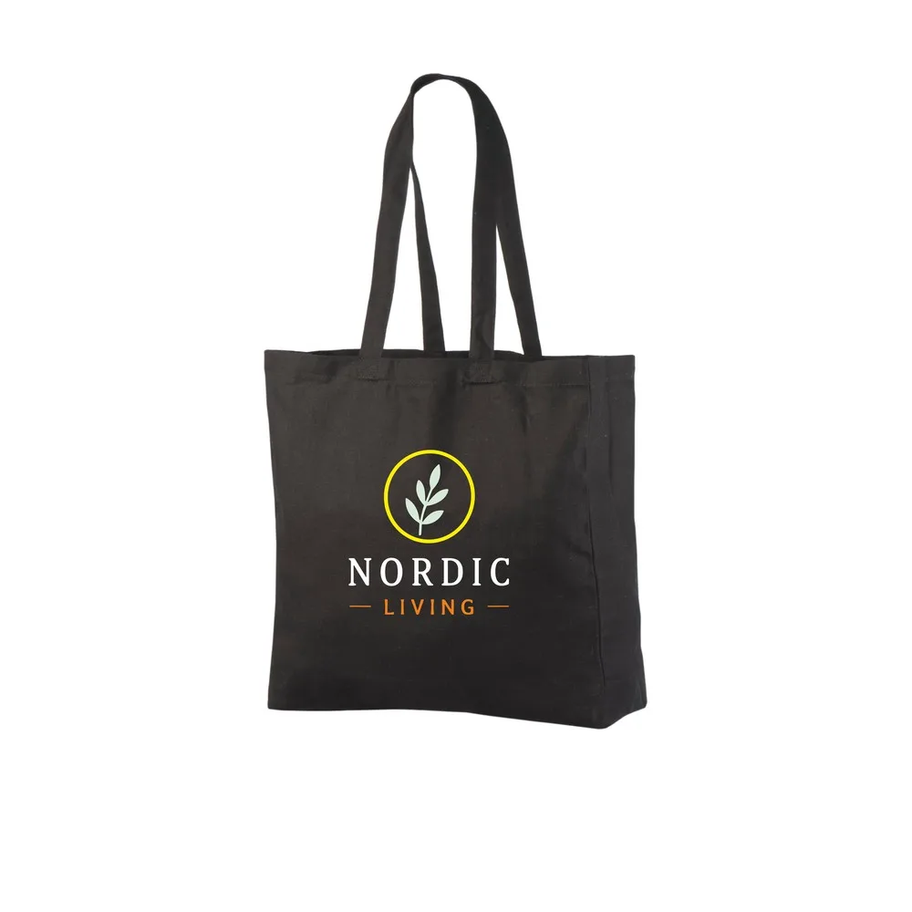 Example of four-colour logo printing on the black 320 g/m² cotton tote bag, showing the sample design on the bag.