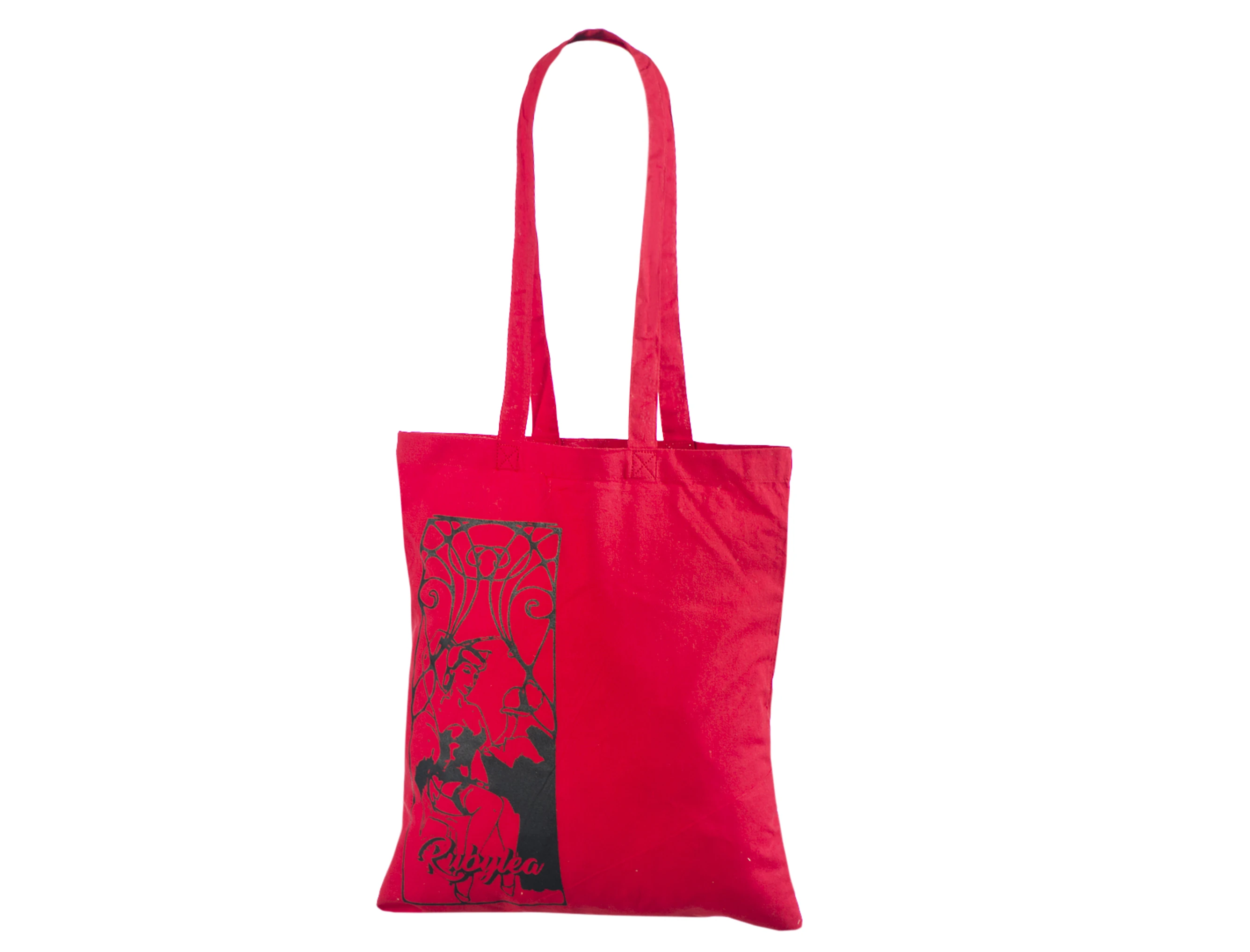 Borsa rossa in cotone con manici lunghi, illustrazione nera verticale a sinistra e nome Rubylea.