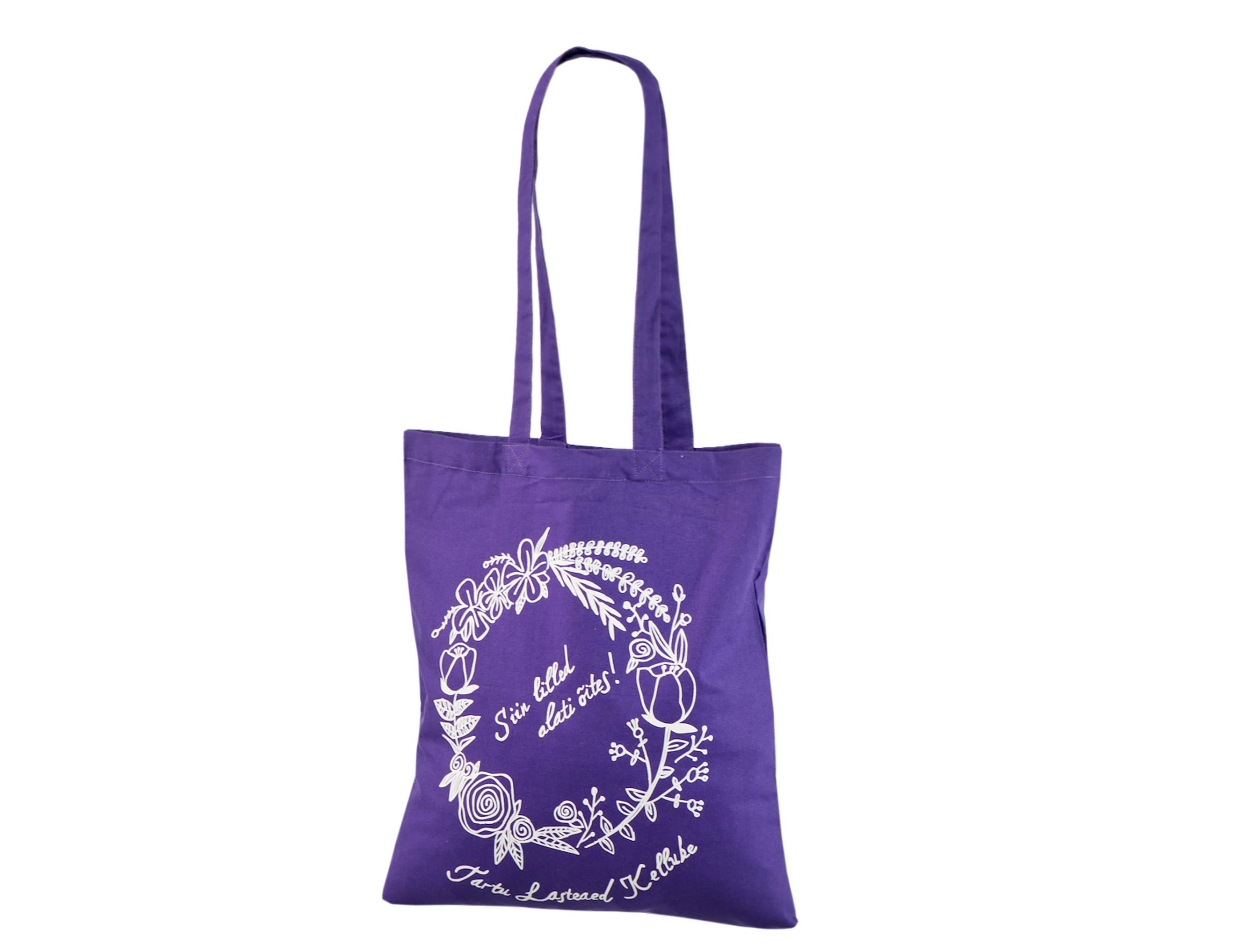 Borsa viola in cotone con manici lunghi, ghirlanda floreale bianca, messaggio e nome Tartu Lasteaed Kelluke.