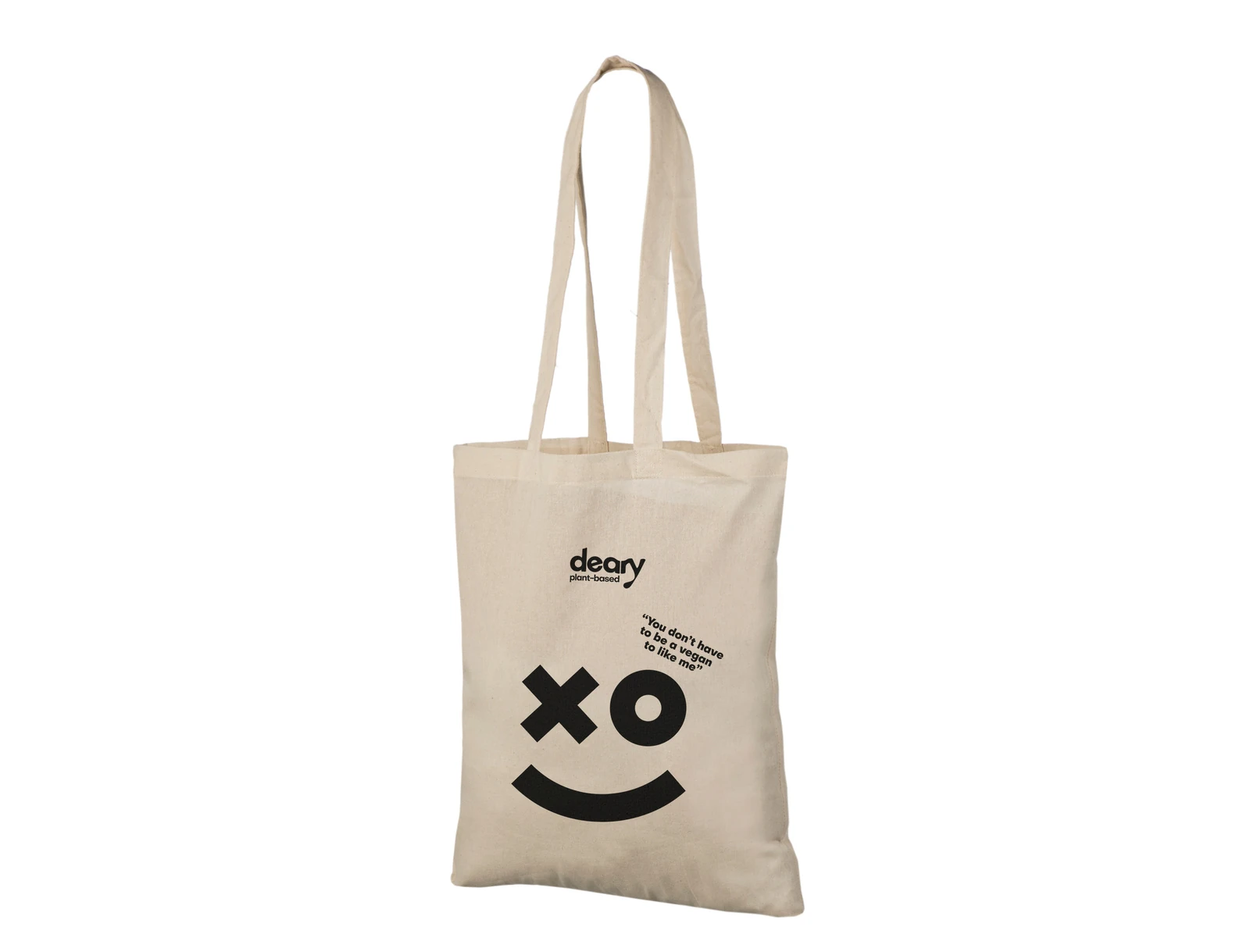 Vista posteriore di borsa naturale con nome Deary nero, messaggio e grande grafica sorridente