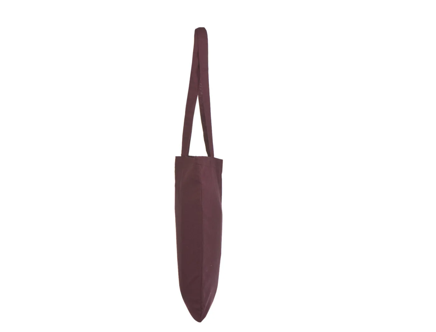 Bordo 140 g/m² medžiaginio maišelio iš medvilnės vaizdas iš šono, kuriame matyti plokščias korpusas, šoninė siūlė ir maišelio konstrukcija.