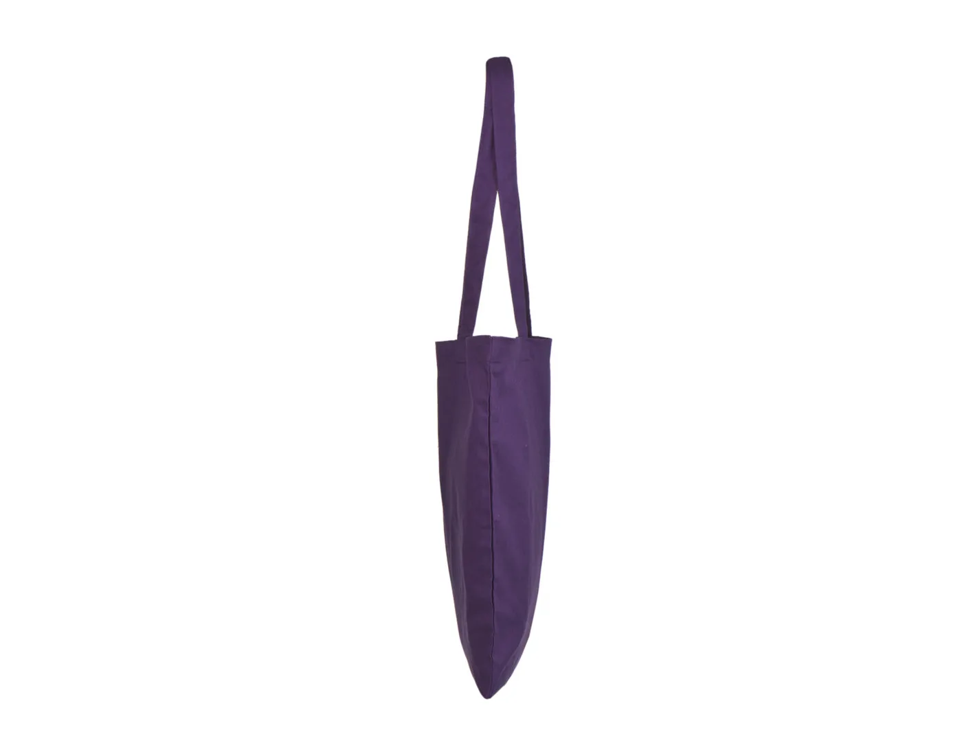 Violetinio 140 g/m² medžiaginio maišelio iš medvilnės vaizdas iš šono, matyti plokščias korpusas, šoninė siūlė ir maišelio konstrukcija.