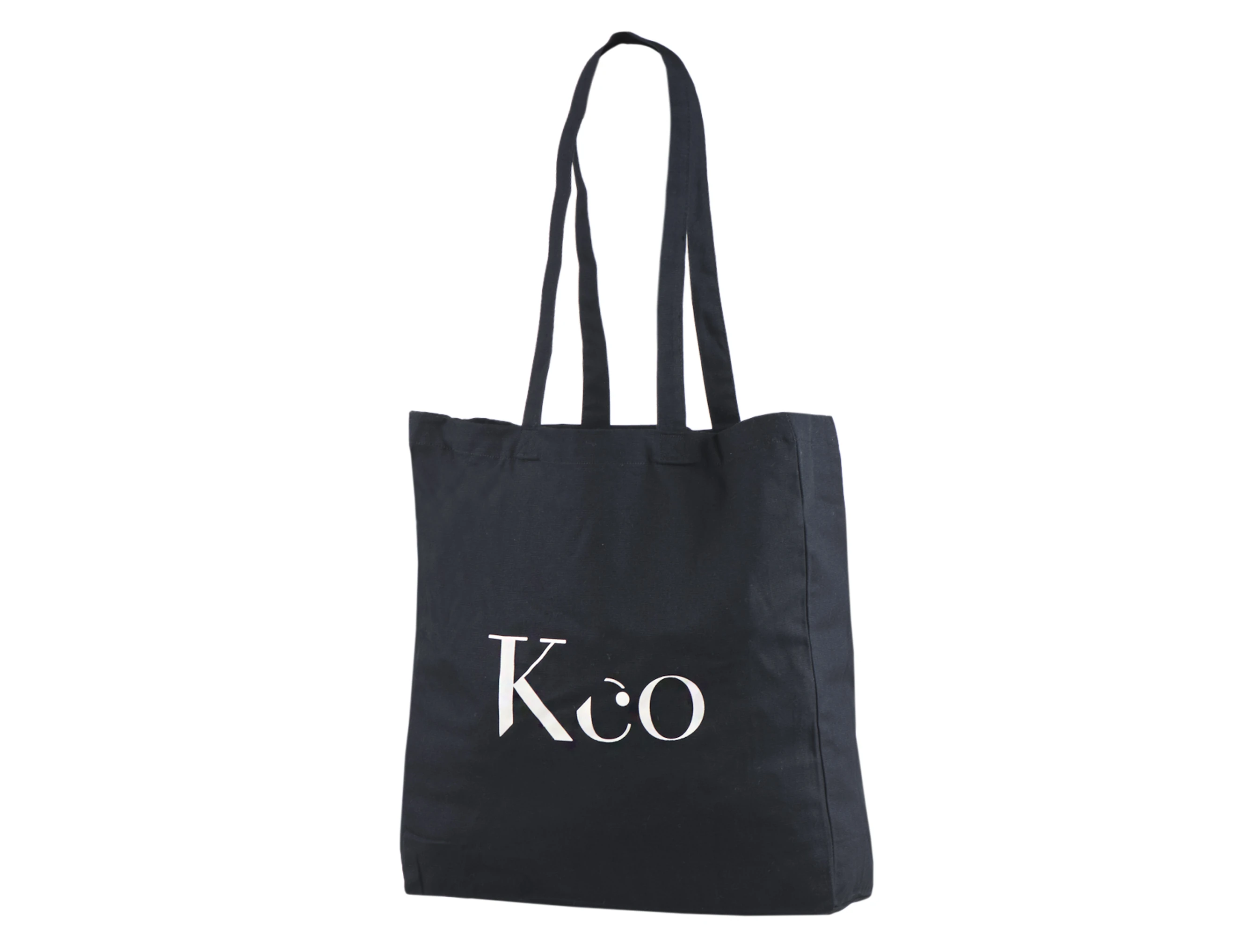 Historische marineblauwe katoenen tas met lange hengsels, zijplooi en wit Kco-logo.