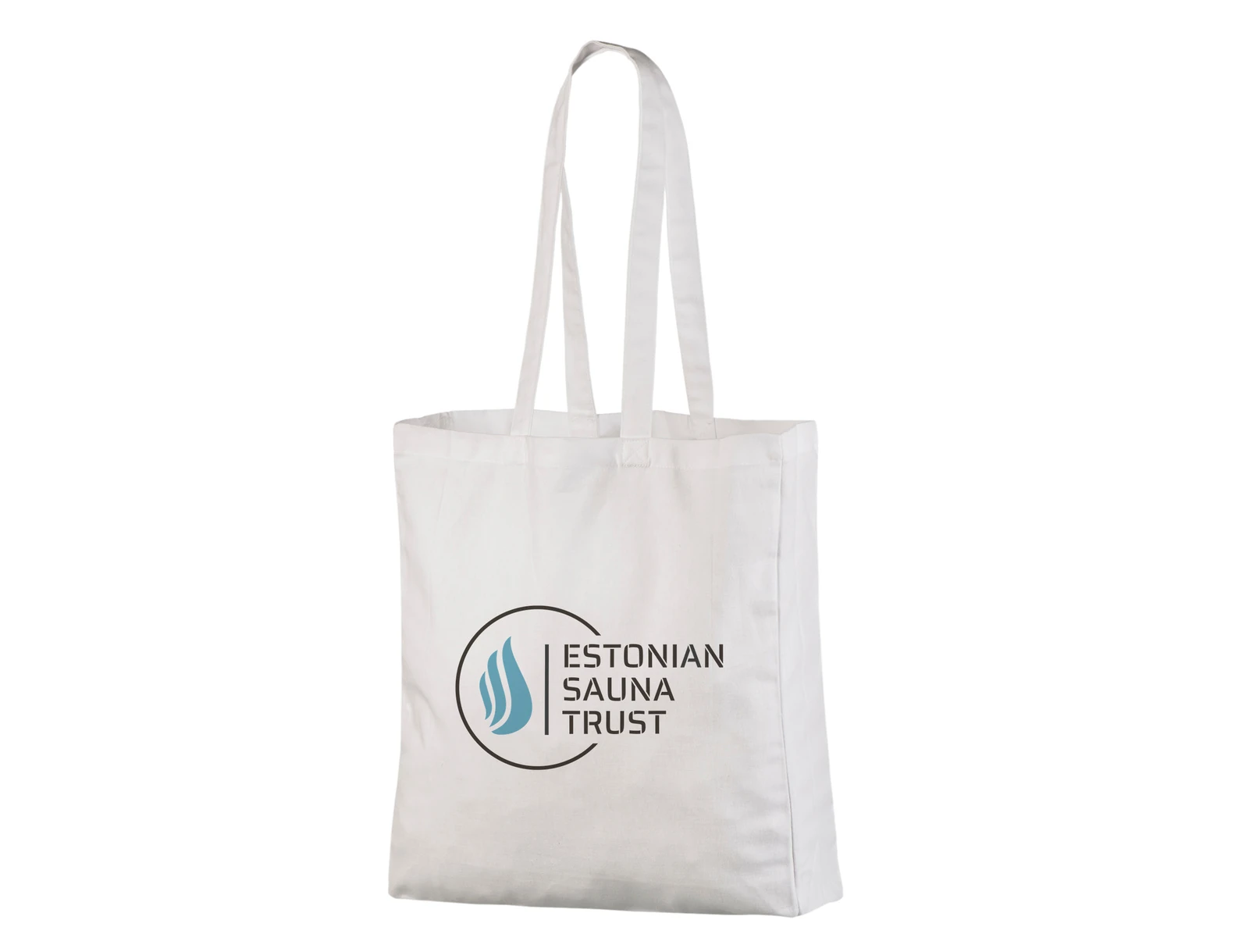 White gusseted cotton tote with long handles, blue emblem and black Estonian Sauna Trust lettering