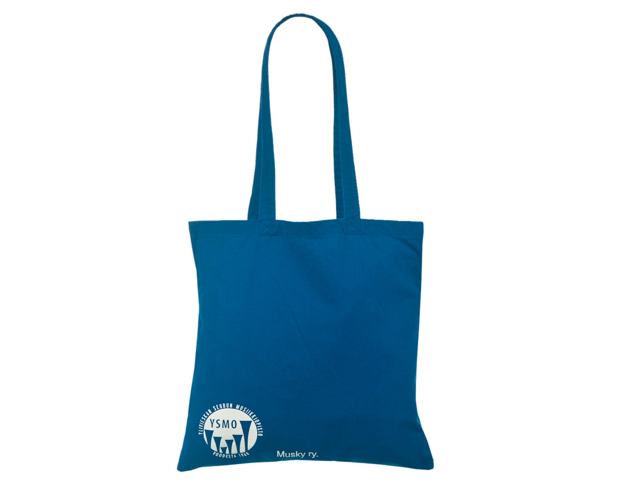Printed tote bags for schools with a white YSMO and Musky ry. logo on royal blue cotton