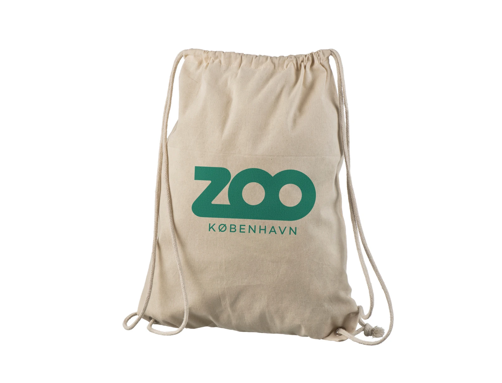 Mochila de algodão de cor natural com cordões e logótipo verde ZOO København.
