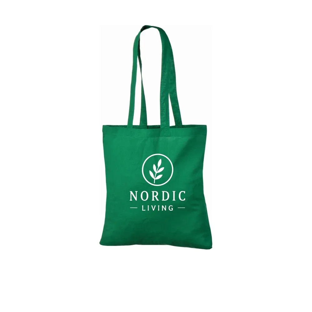 Exemplo de impressão de logótipo a uma cor no saco tote de algodão verde-escuro de 140 g/m², mostrando o design de amostra no saco.