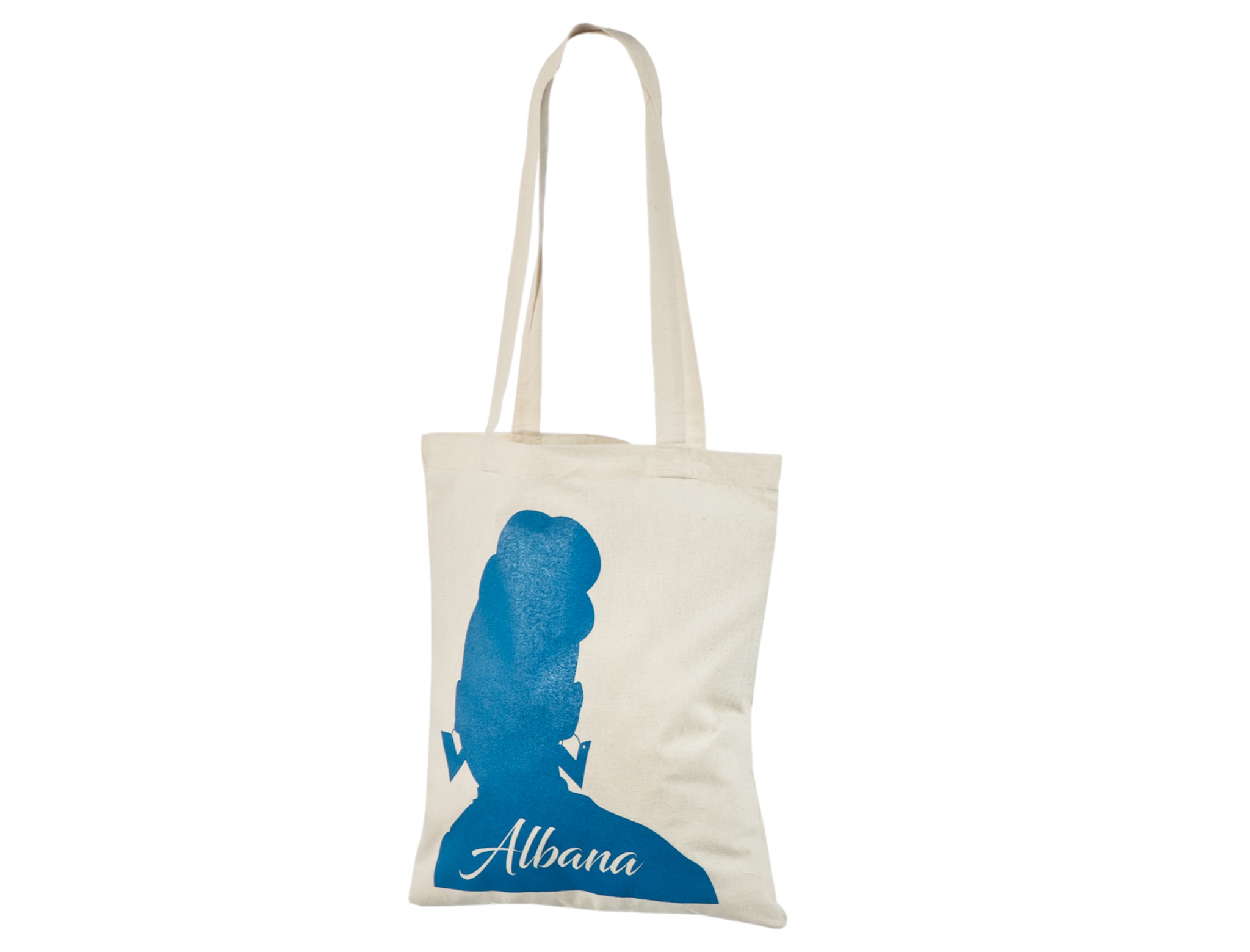 Saco tote de algodão natural com a mesma silhueta impressa a azul e as letras Albana deixadas sem impressão no seu interior.