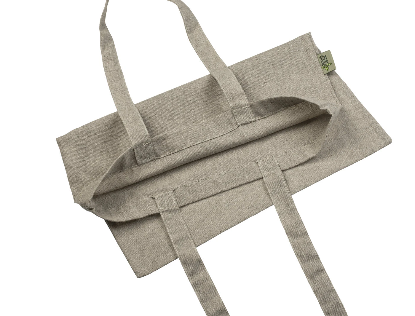Open inside view of the light gray 140 g/m² recycled tote bag, showing the inner fabric, upper hem and seams around the bag opening.