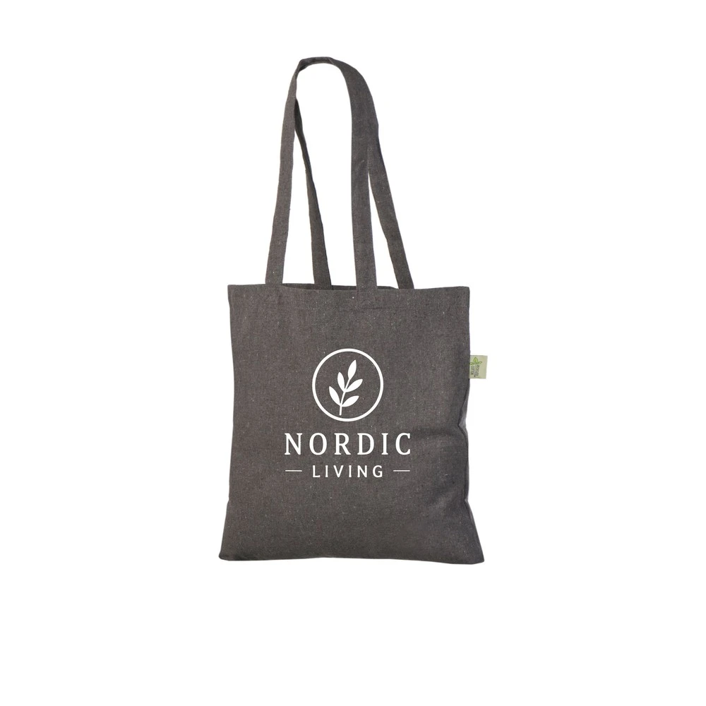 Example of one-colour logo printing on the dark gray 180 g/m² recycled tote bag, showing the sample design on the bag.